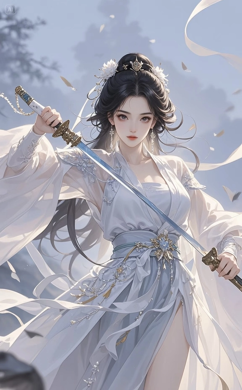 Góc nhìn nữ nhân anime với thanh kiếm dài nổi bật