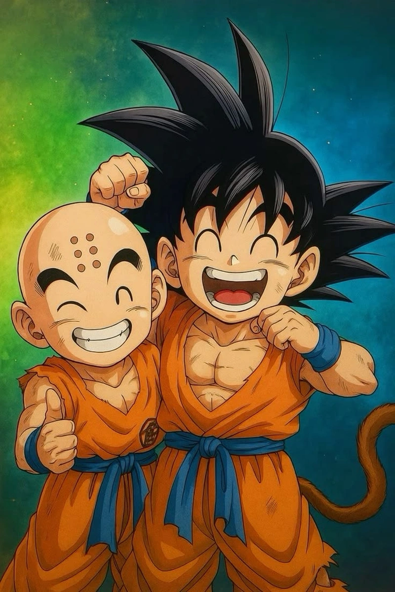 Hình Krillin đứng cạnh Goku trong trận chiến căng thẳng