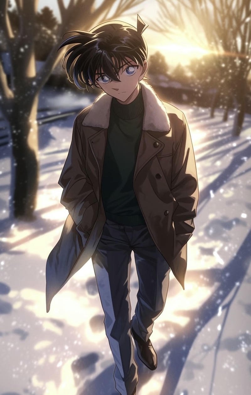 Hình Kudo Shinichi anime với biểu cảm suy tư đặc trưng