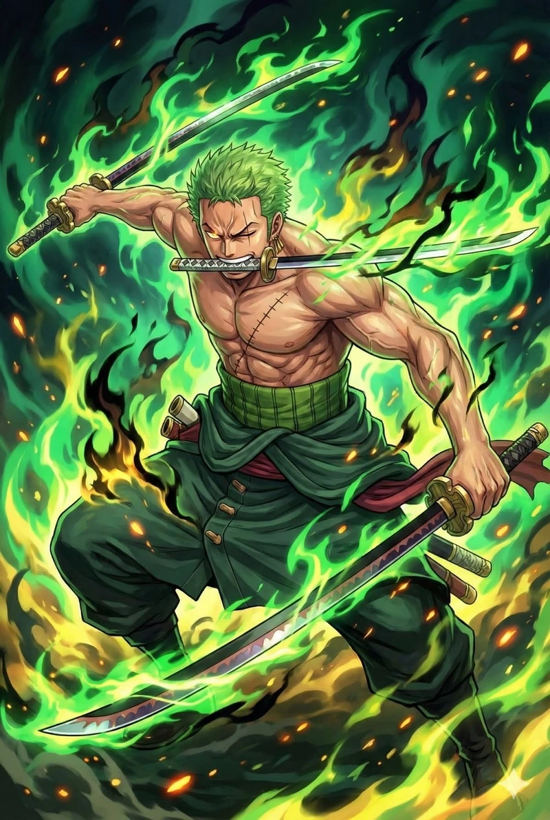Hình Zoro đứng hiên ngang với ánh mắt sắc bén