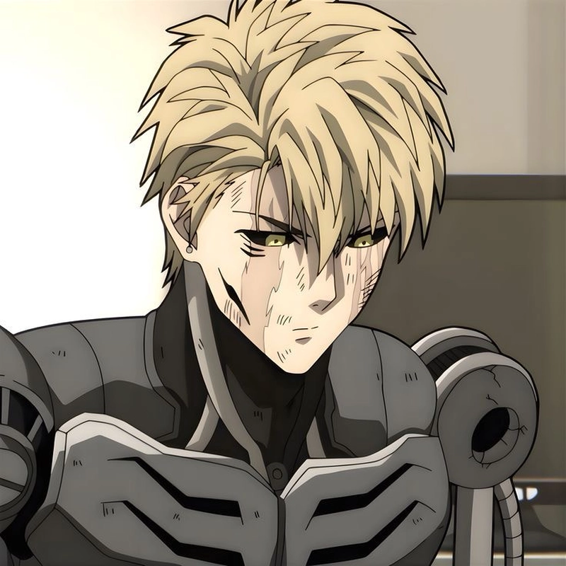 Hình anime Genos với ánh mắt đầy lạnh lùng