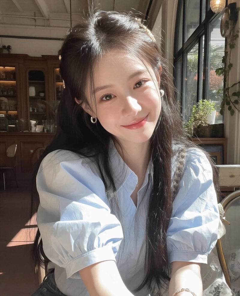 Hình gái xinh douyin dùng filter ánh sáng vàng ấm áp