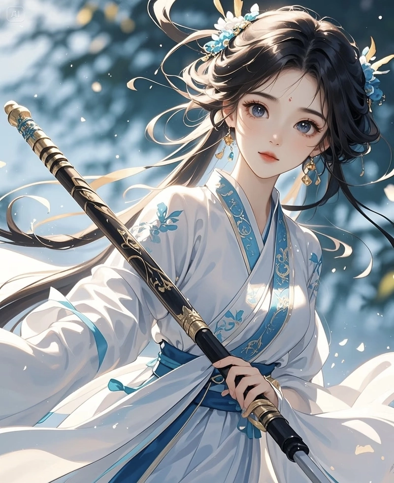 Khung hình anime nữ cầm kiếm giữa ánh sáng huyền bí
