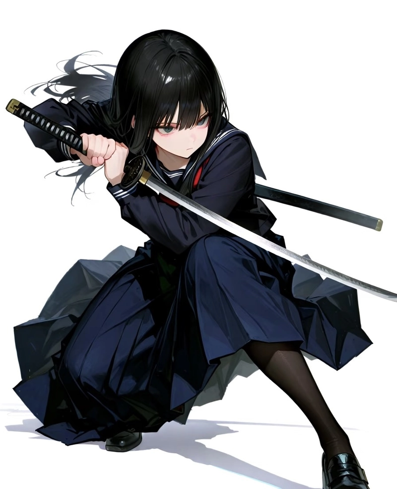 Khung hình anime nữ cầm kiếm với trang phục nổi bật