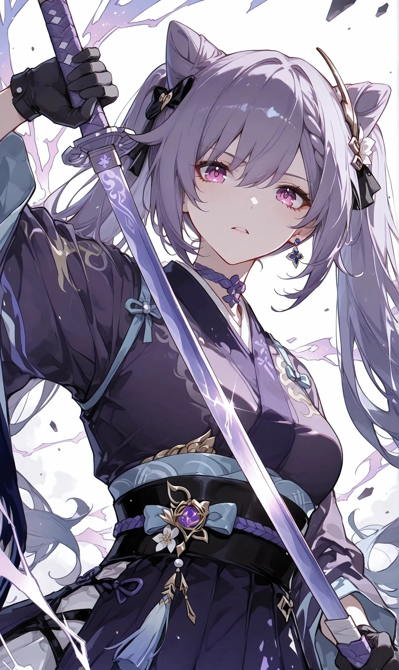 Khung hình nữ kiếm sĩ anime với thần thái mạnh mẽ