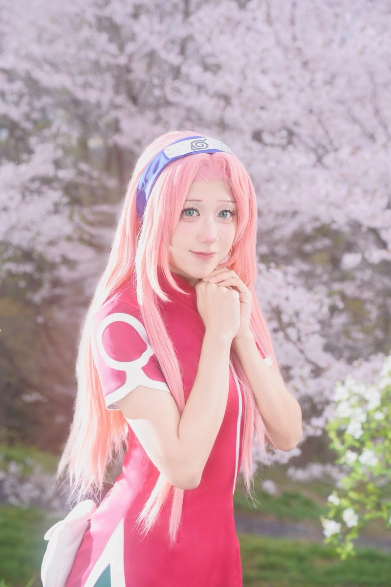 Sakura Haruno cosplay với tạo hình mái tóc hồng nổi bật