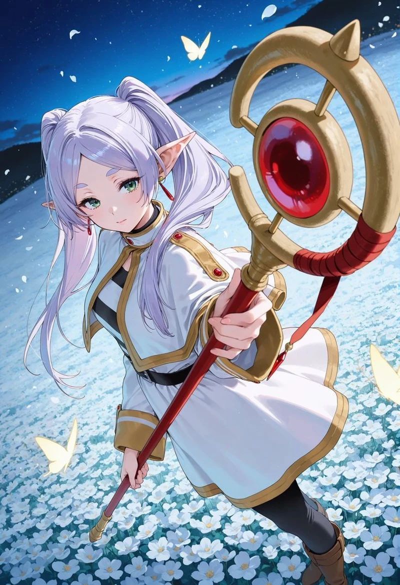 Bầu trời hoàng hôn giúp ảnh Frieren anime thêm chill hơn